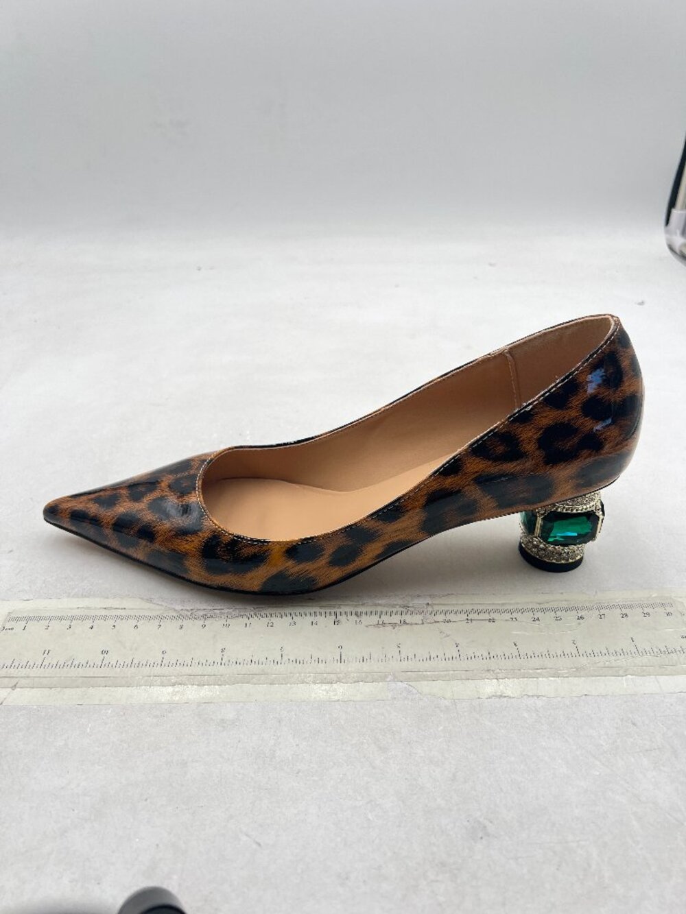 FSJ Leopard Bridal Pointed Toe Chunky Low Heel Crystal Pump Slip on Wedding Shoe